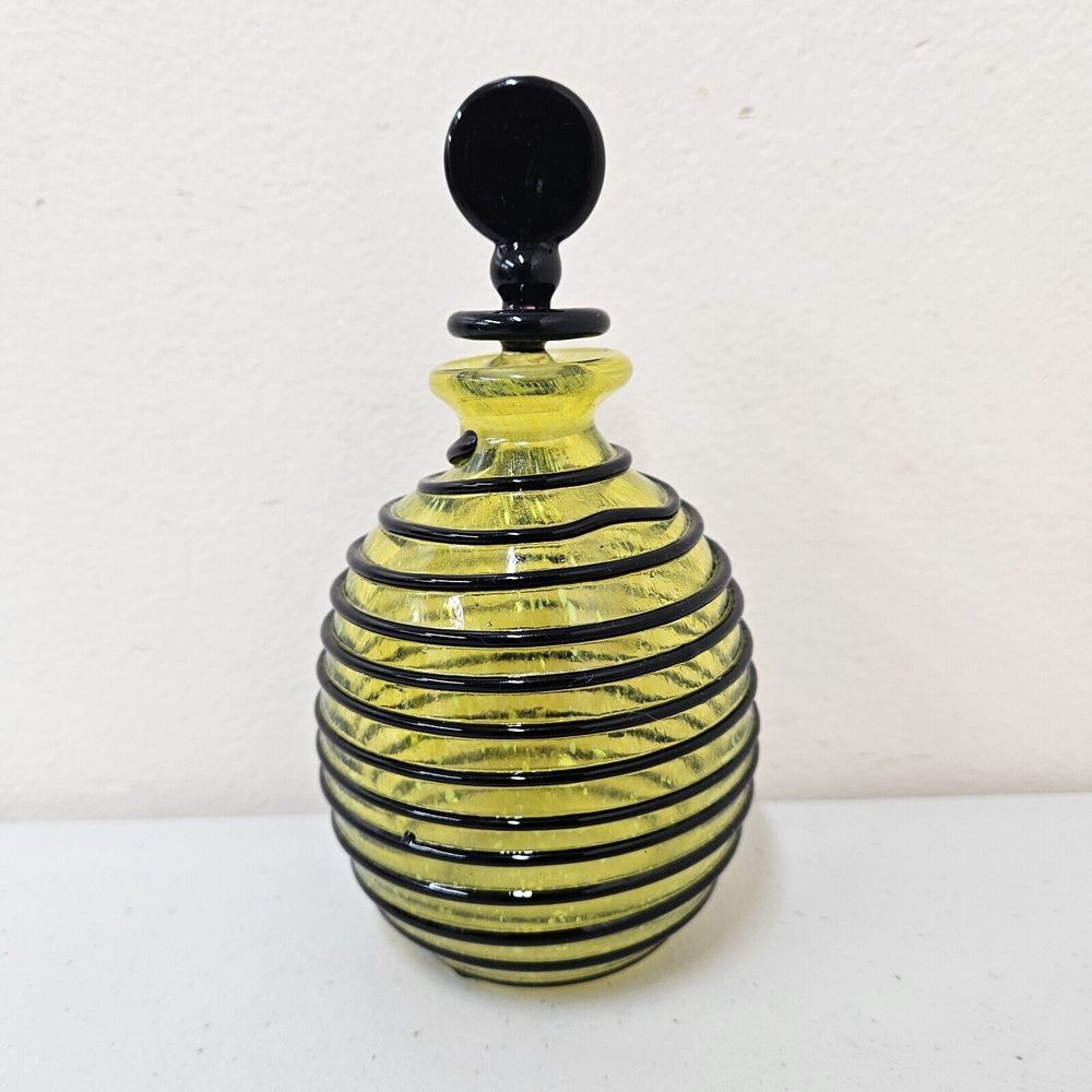 Czechoslovakia Yellow Applied Black String Tango‎ Art Glass Perfume Bottle